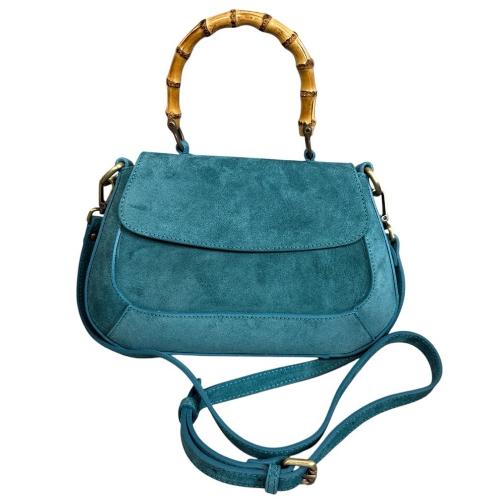 Sundance Eliana Suede Teal Flap Bamboo Top Handle Crossbody Bag